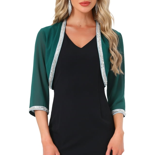 Inspire Chic Chaqueta de Noche para Mujeres con Recorte de Lentejuelas, Manga 3/4, Abierta, Corto, de Chifón, Verde Oscuro, Talla S