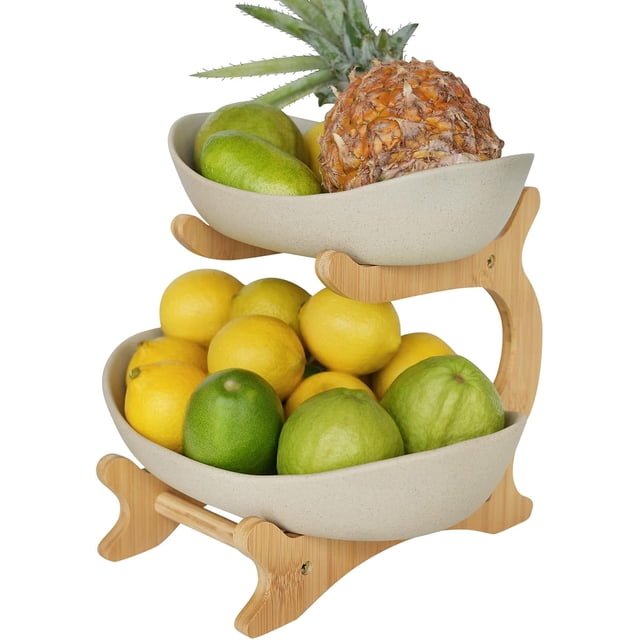 Cesta de frutas de 2 niveles para encimera de cocina, frutero de cerámica para encimera de cocina, frutero, organizador de cocina, grande, color caqui