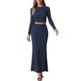 thumbnail image 1 of Conjuntos de punto de 2 piezas para mujer INSPIRE CHIC, con mangas largas, top corto, falda maxi de cintura alta estilo sirena, conjuntos de moda XL azul oscuro, 1 of 6