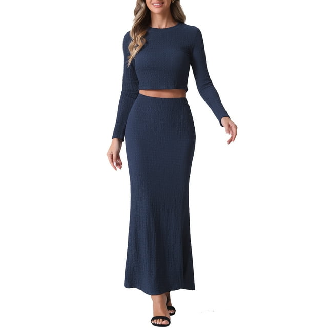 Conjuntos de punto de 2 piezas para mujer INSPIRE CHIC, con mangas largas, top corto, falda maxi de cintura alta estilo sirena, conjuntos de moda XL azul oscuro