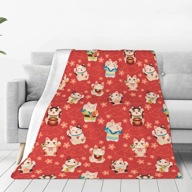 Fotbe Japanese Maneki Cats Manta de Franela Acolchonada con Estampado, Súper Suave y Esponjosa, Extra Grande para Sofá, Cama, Uso Todo el Año-80"x60"