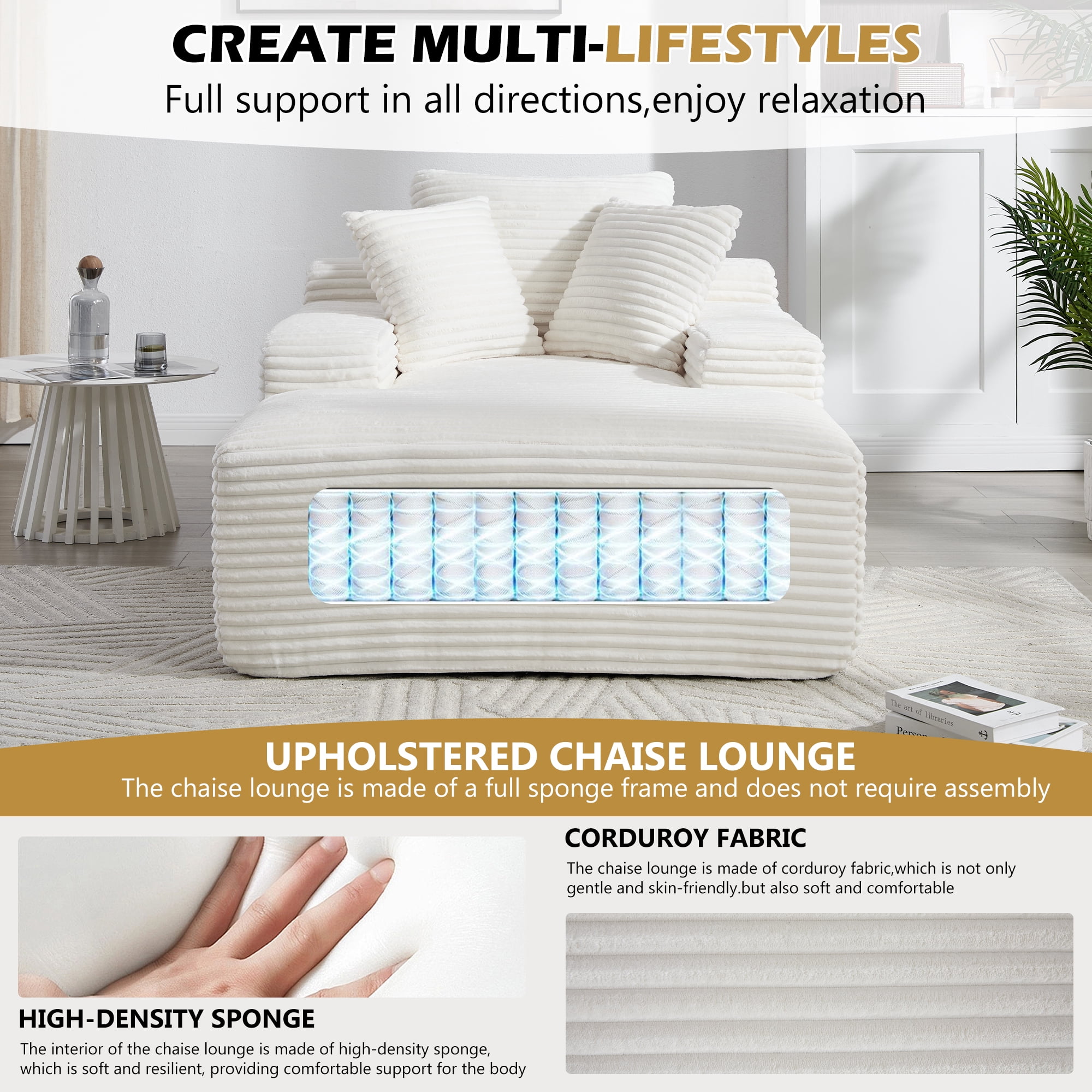 Leumius 67'' Oversized Chaise Lounge Chair Indoor,Cloud Plush Velvet Upholstered Deep Seat Sofa Bed with Back Cushion & Pillows,Cozy Sleeper Sofa Couch for Living Room, No Assembly Required,White