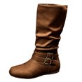 thumbnail image 7 of HEWUQI Short Cowboy Boots for Women Slouchy Mid Calf Round Toe Side Zipper Flats Adjustable Buckle Decor Comfortable Winter Fall Shoes Brown Size 7, 7 of 7