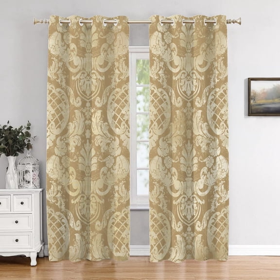 Damask Floarl Bedroom Curtains,Golden Damask Flowers Baroque Classicism Blackout Grommet Window Treatment Drapes For Living Room 42"W x 84"L (Pack of 2)
