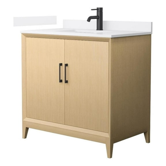 Janna 36" White Oak Single Vanity & White Cultured Marble Top & Black Trim