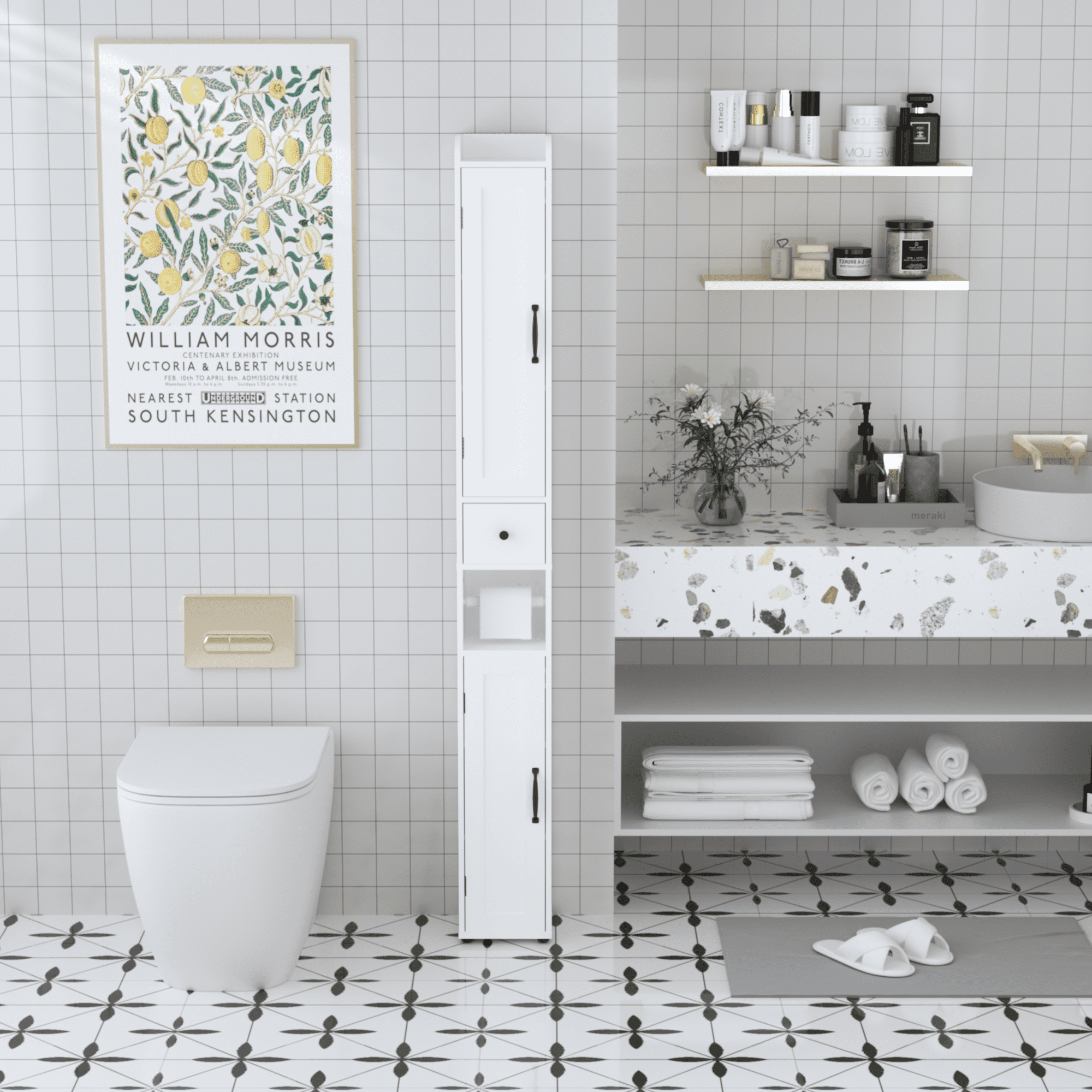 67.51" Tall Bathroom Storage Cabinet with Adjustable Shelves,Slim 2 Doors Freestanding Cabinet with Anti-Tip, Open compartments, for Home, Small Spaces, Bathroom,Kitchen, Living Room, White