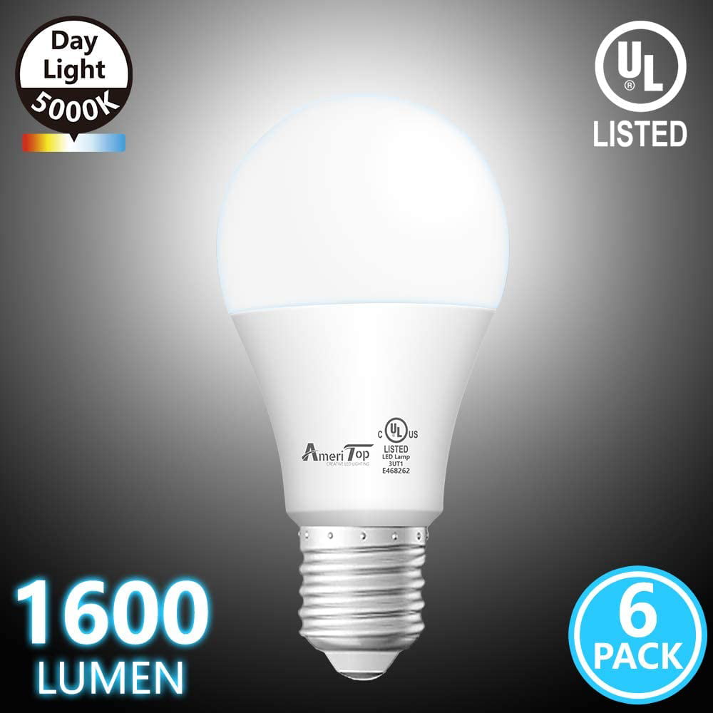 E26 Standard Base UL Listed Non-Dimmable 5000K Daylight 100W Equivalent 1600 Lumens General Lighting Bulbs A19 LED Light Bulbs- 6 Pack AmeriTop Efficient 14W