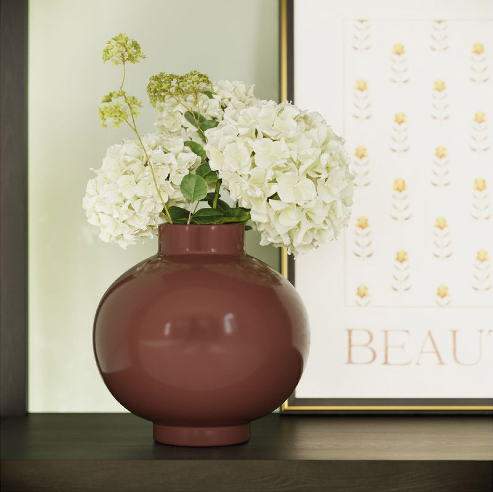 Beautiful Solid Cognac Brown Round Ceramic Vase by Drew Barrymore, 7.5" x 7.5" x 7.5"