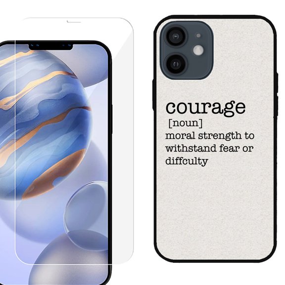 Slim-Fit Protective Phone Case (Black) compatible with iPhone 12 / iPhone 12 Pro, with Tempered Glass Screen Protector, by OneToughShield ® - Dictionary/Courage