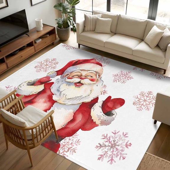 8x10 Area Rugs Red Santa Christmas Non-Skid Rubber Backing Large Rectangle Rugs - Living Room Bedroom Home Office, Xmas Snowflake Watercolor Indoor Floor Mat Carpets Washable Rug