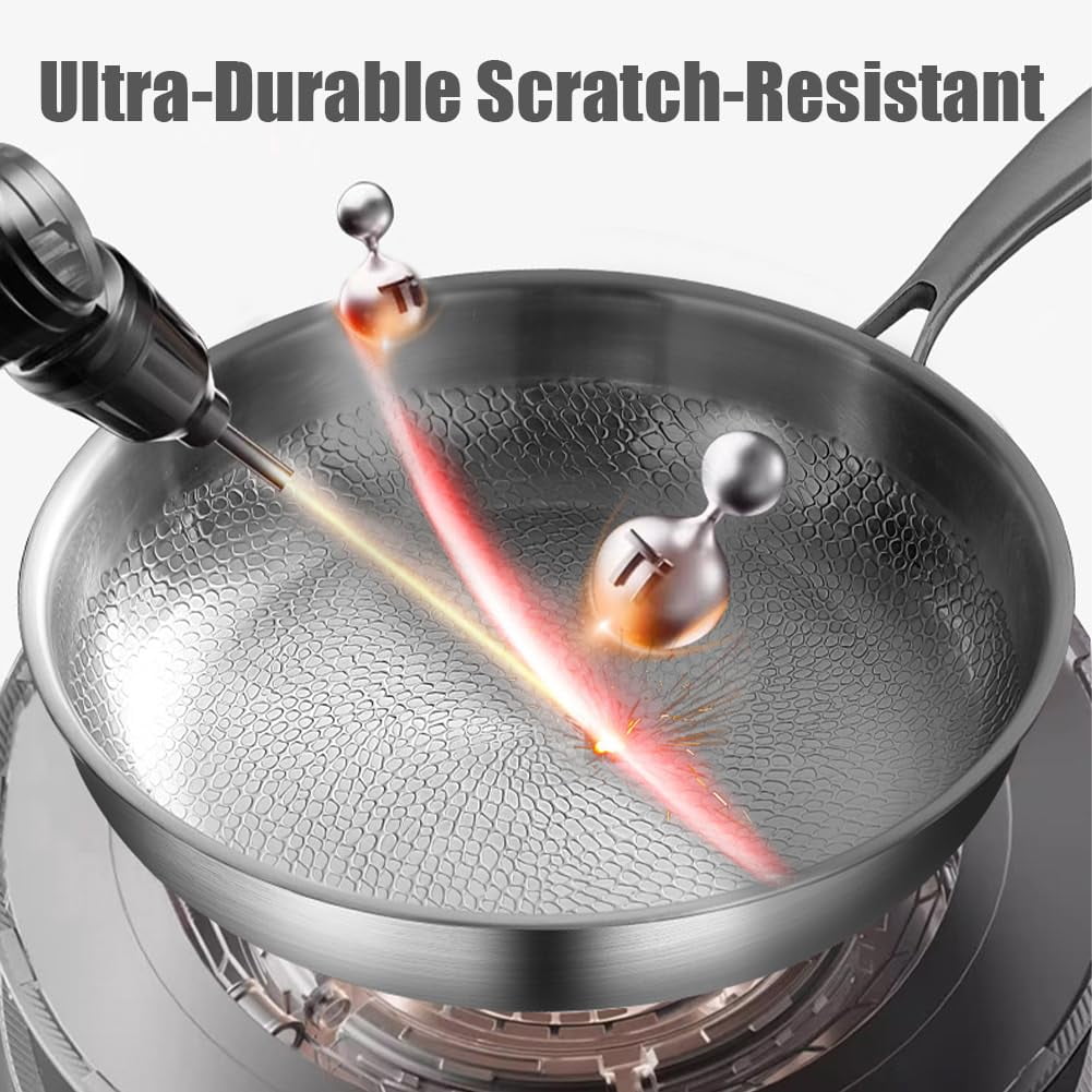 Pure Titanium Hammered Pan Pro, TITAnium Frying Pan for Cooking, Pure Titanium Wok with Lid, Non-Stick Nutri Pans, Scratch-Resistant, Dishwasher Safe, Compatible All Stovetops (With lid, L)