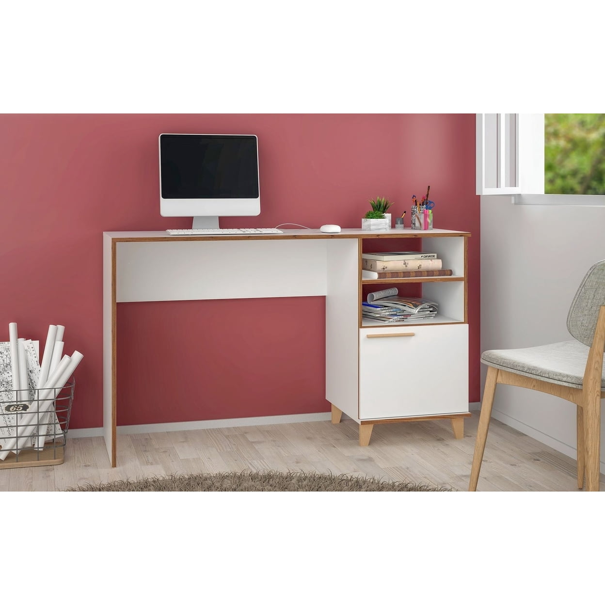 Minetta 2-Shelf Mid-Century Office Desk in White