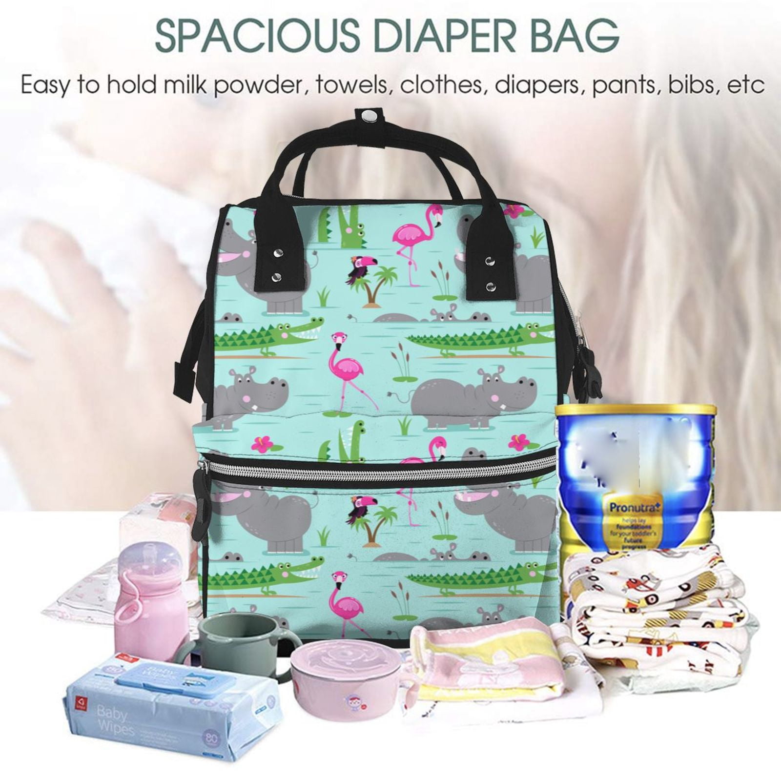 Ratiio Hippo With Flamingos And Crocodiles Mummy Backpack - Waterproof Twill Canvas, Large Capacity Diaper Bag with Multiple Pockets and Adjustable Straps