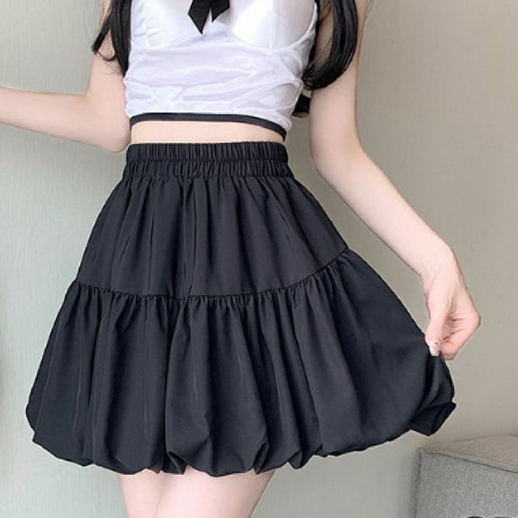 Byworldtasic Womens Solid Color Skirts Women's Elastic Waist Pleated Layer Ruffle Hem Flowy A Line Short Skirt
