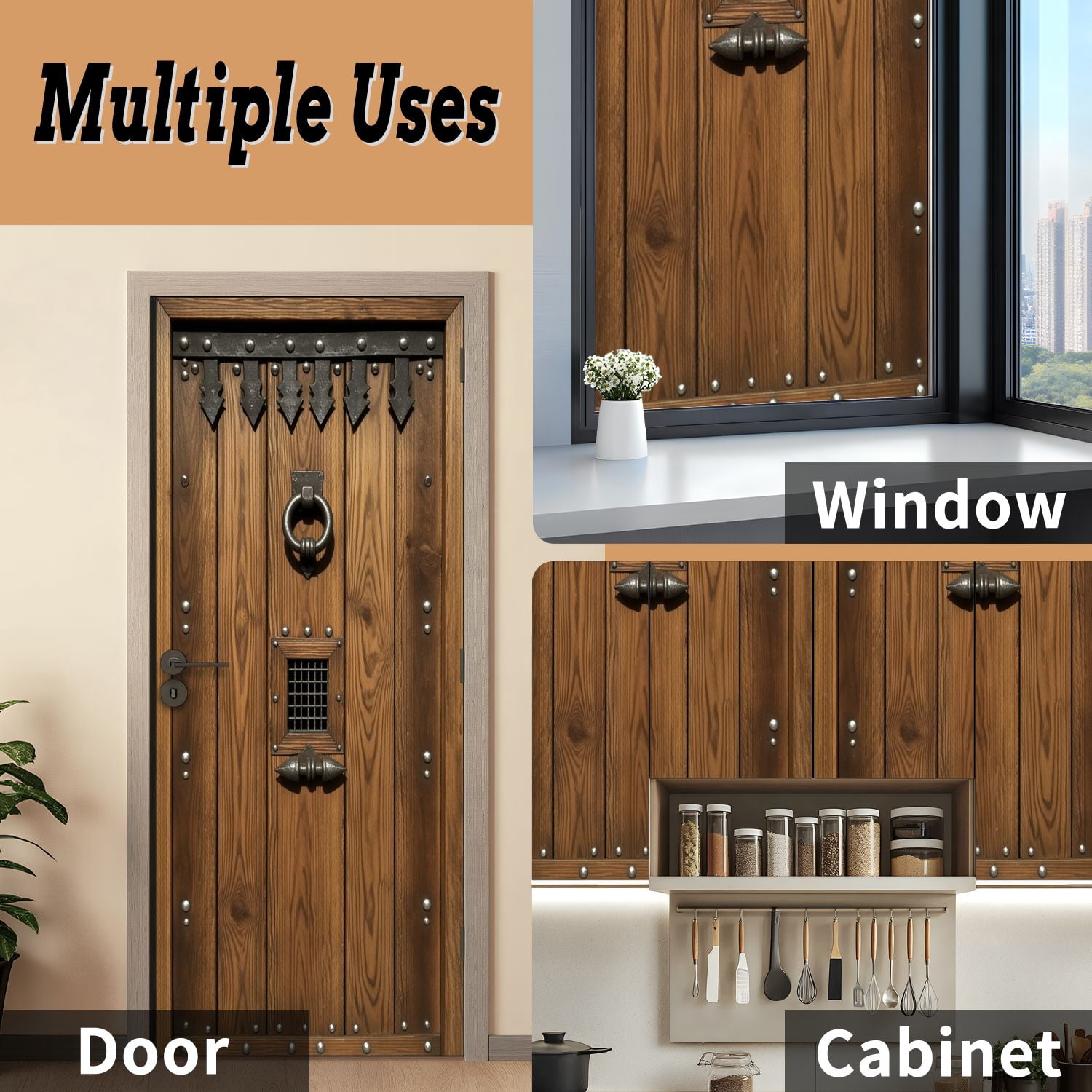 Self Adhesive Vinyl Refrigerator Wrap Set Rustic Medieval Wooden Doors Iron Accents Knocker Door Mural Removable Fridge Sticker Peel and Stick&nbsp;Full Door Cover Decal Kitchen Bar Decor