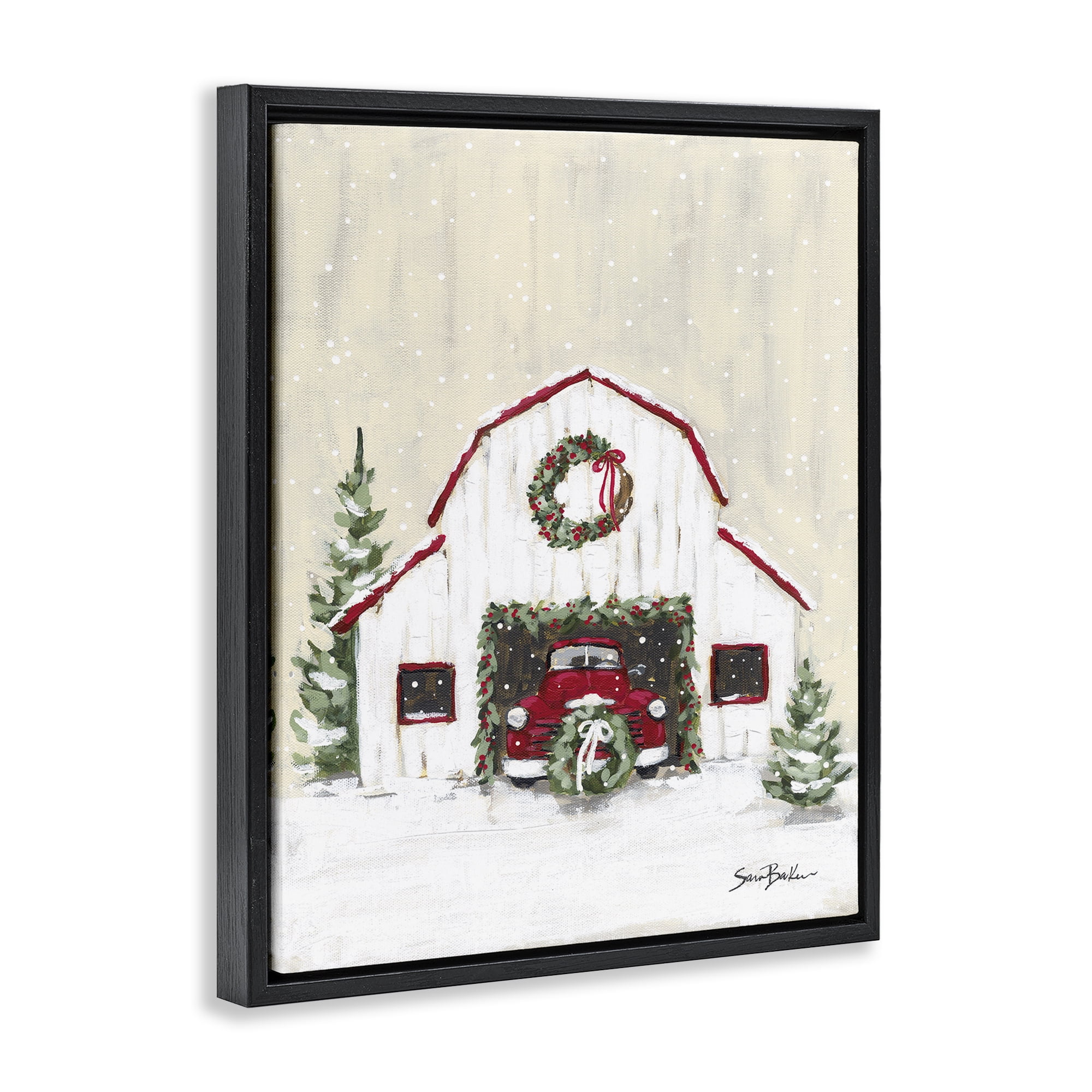 Stupell Industries Seasonal Garlands Barn Holiday Painting Black Floater Framed Canvas Art Prints Wall Art, 25 x 31