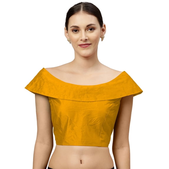 eloria Women's Art Silk Boat Neck Sari Top Blouse Partywear Sleevless Fillers With backside Zipper, Color : Dark Yellow