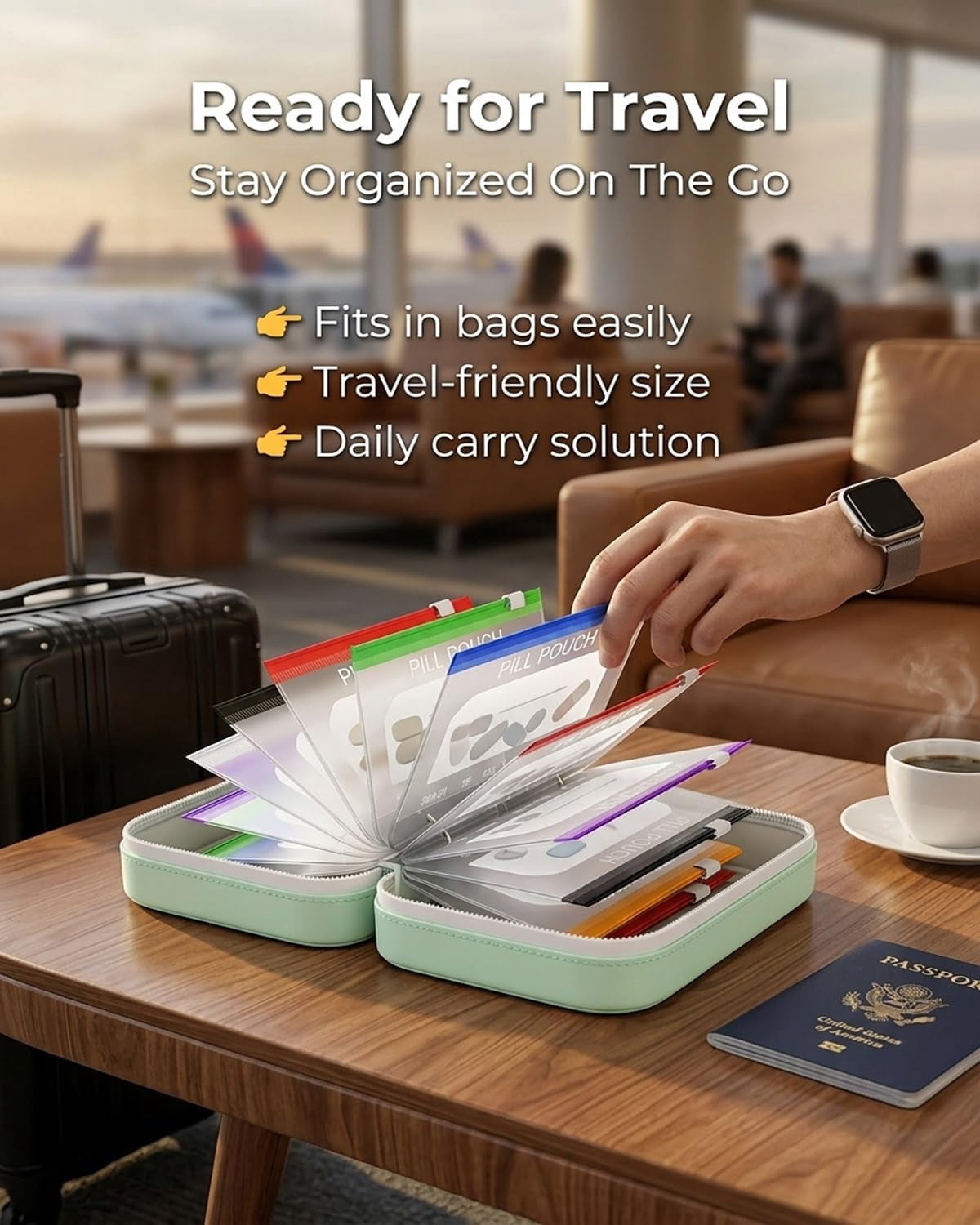 Waterproof Pill Pouch Set Travel Pill Organizer Pouches Medicine Kit Bags Pills 14 Day Medication Metal Reusable Large Case Portable Organizers Size Small Container with Labels Binder(1*Black)