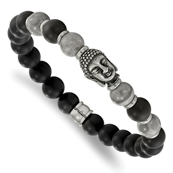 White Stainless Steel bracelet Adjustable & Stretch Wrap Men's Agate Round Black Jasper Grey
