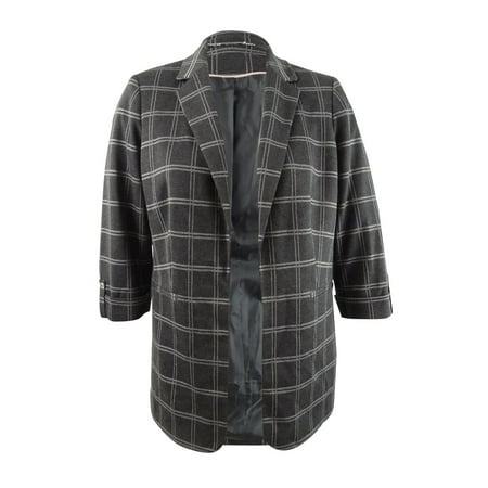 Calvin Klein Women's Petite Plaid Roll-Tab Blazer (4P, Charcoal Multi)