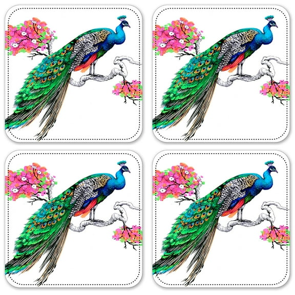 Vinyl Drink Coasters - Set of 4 - Colorful Peacock