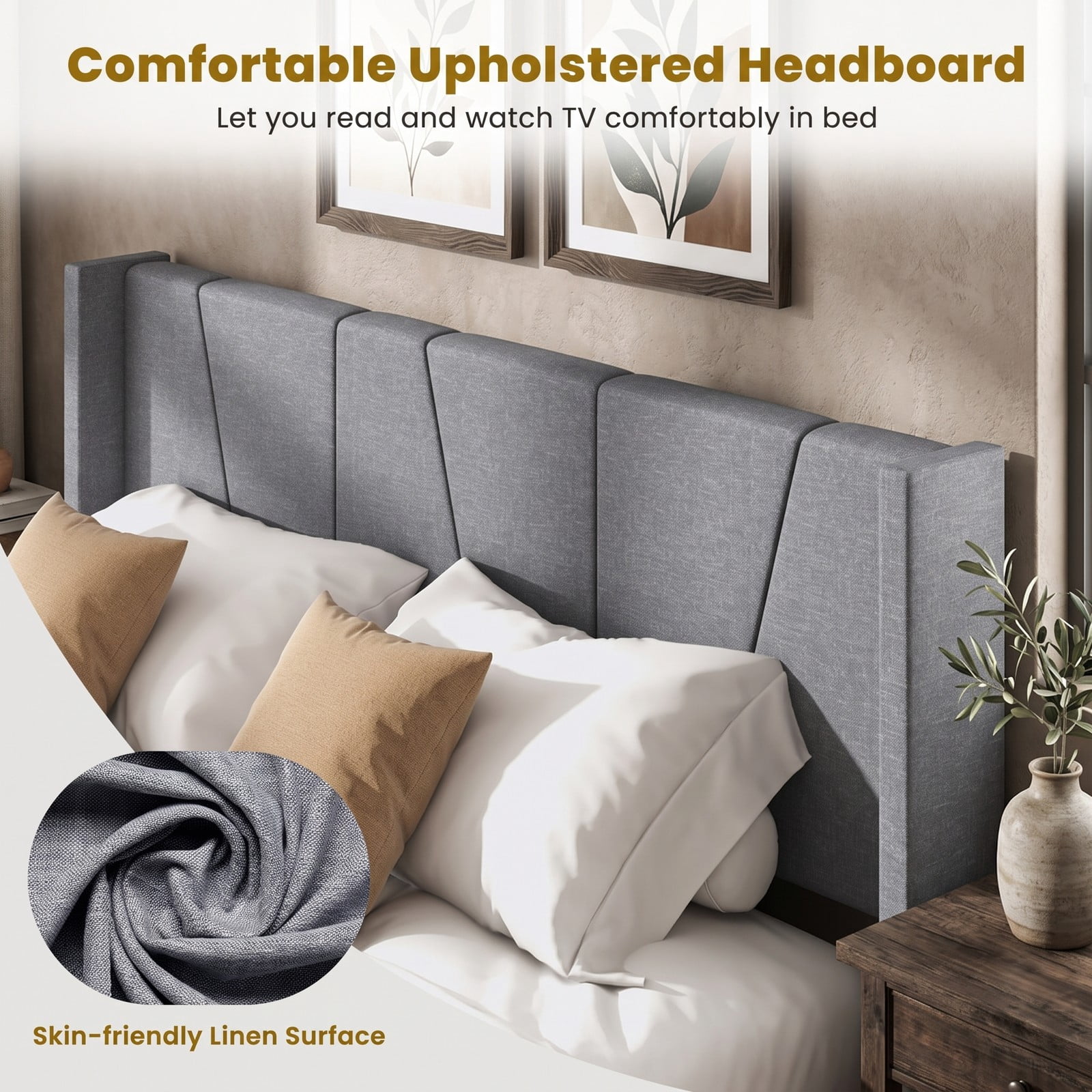 Furnibear Queen Bed Frame with Headboard, Upholstered Platform Bed with Wingback Headboard, Wood Slat Support and Side Storage Pockets, Gray