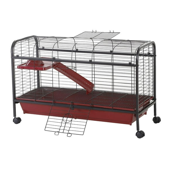 41" Rabbit Cage, Guinea Pig Hutch, Small Animal Play House - Rolling Wheels, Platform, Ramp, Feeder - Red/Black