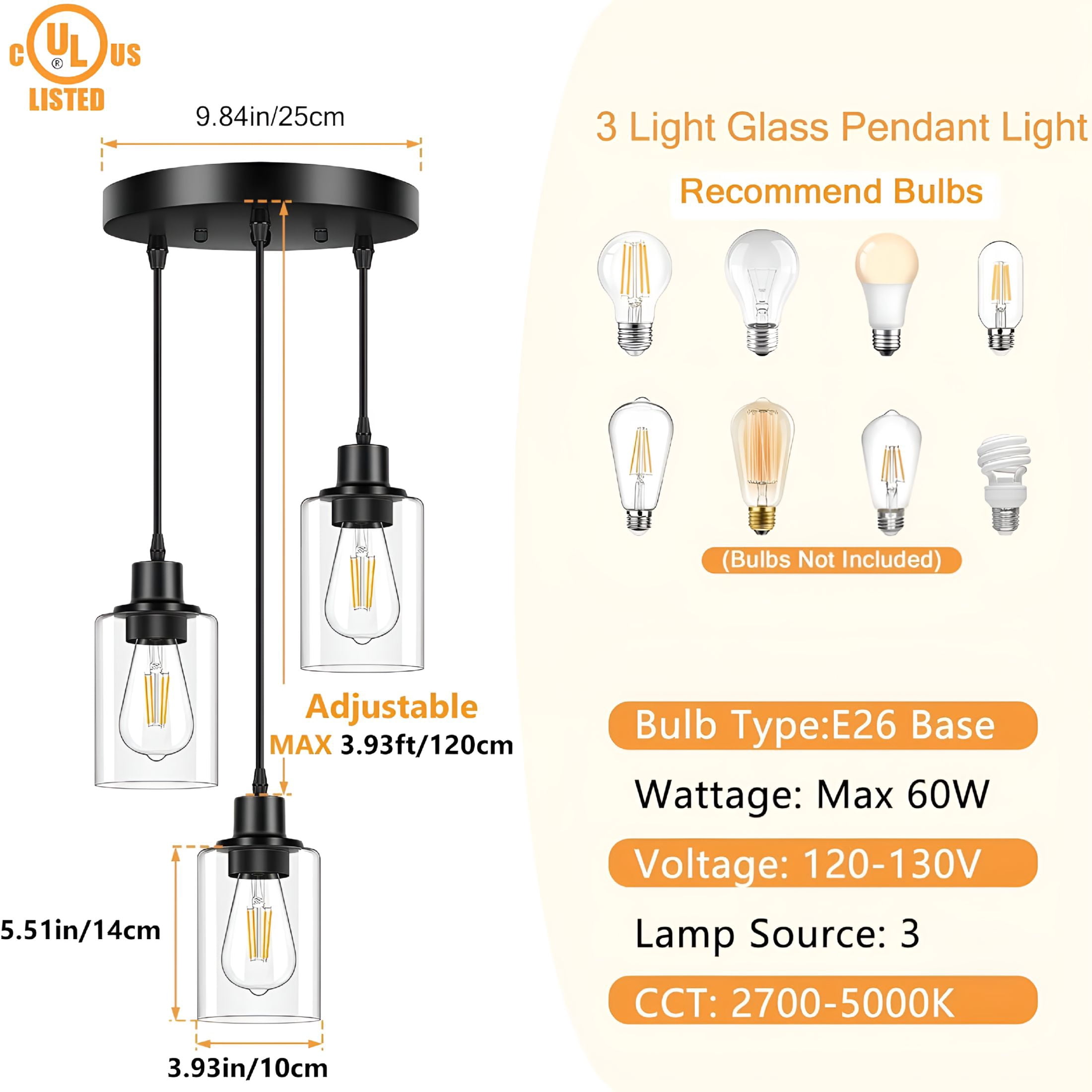 HIBIBUD 2026 New 3-Light Pendant Light Fixtures Cluster Pendant Kitchen Island Pendant Lighting with Clear Glass Shade Hanging Light Fixtures with Adjustable Cord for Dining Room,Hallway,Living Room
