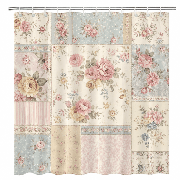 Elyvra Vintage Patchwork Shower Curtain 60x72in, Pink Rose Floral Country Farmhouse Bathroom Decor, Shabby Chic Cottagecore Fabric Curtain