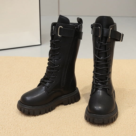 Girls Mid Calf Boots, Side Zip Faux Leather Fashion Boots, Lace Up Chunky Sole Fall Footwear for School Outings