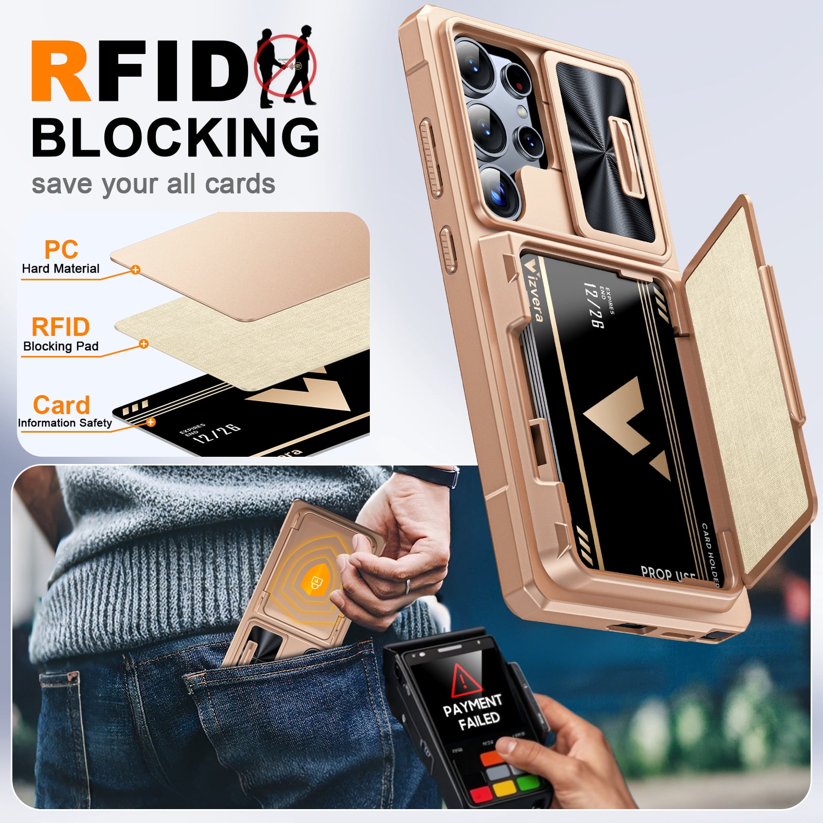 Vizvera for Samsung Galaxy S25 Ultra Wallet RFlD Cards Holder,Camera Control,Camera Cover,Rugged Shockproof Silicone Protective Phone Case-Champagne