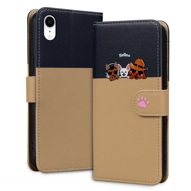 Compatible avec iPhone XR Étui Portefeuille Motif Animaux Mignons avec Fentes pour Cartes Couverture Rabattable