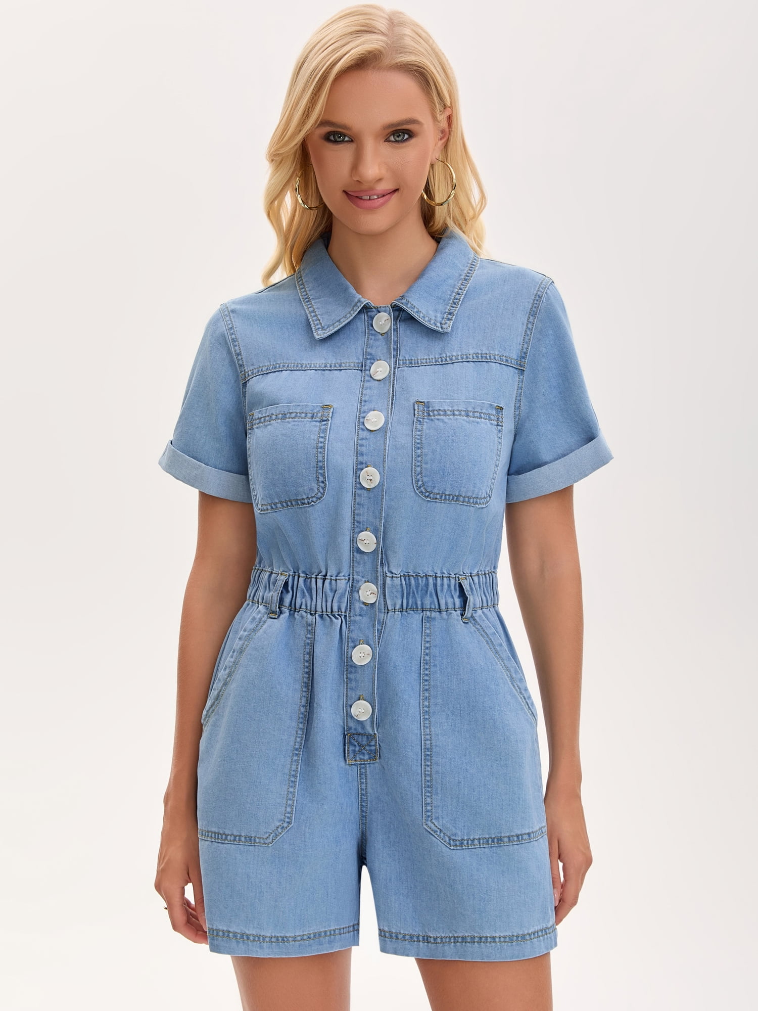 DARING DIVA Women's Denim Romper Collared Short Sleeve Jean Jumpsuit Shorts XX-Large Blue
