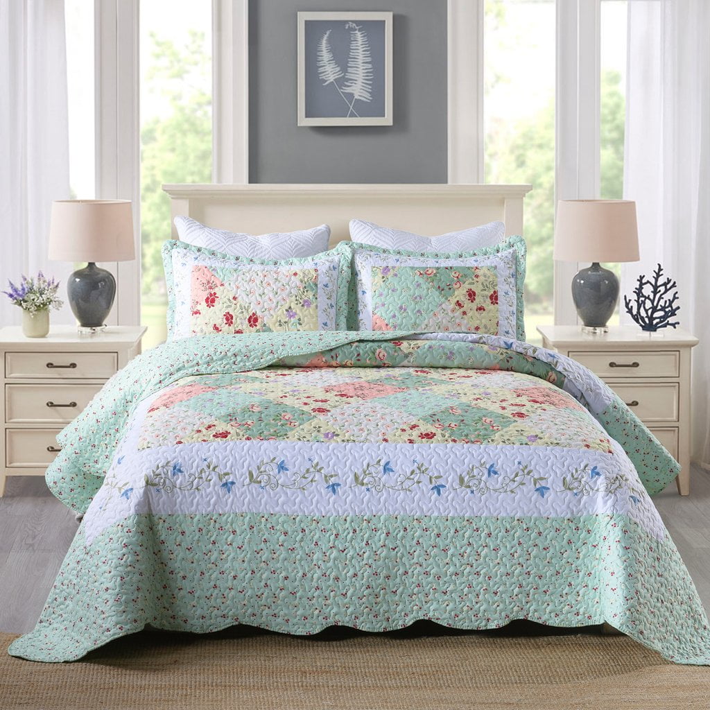 Bedspread Bed Throw Set Single Double King Size Quilted Frilled 3 Pieces Floral 