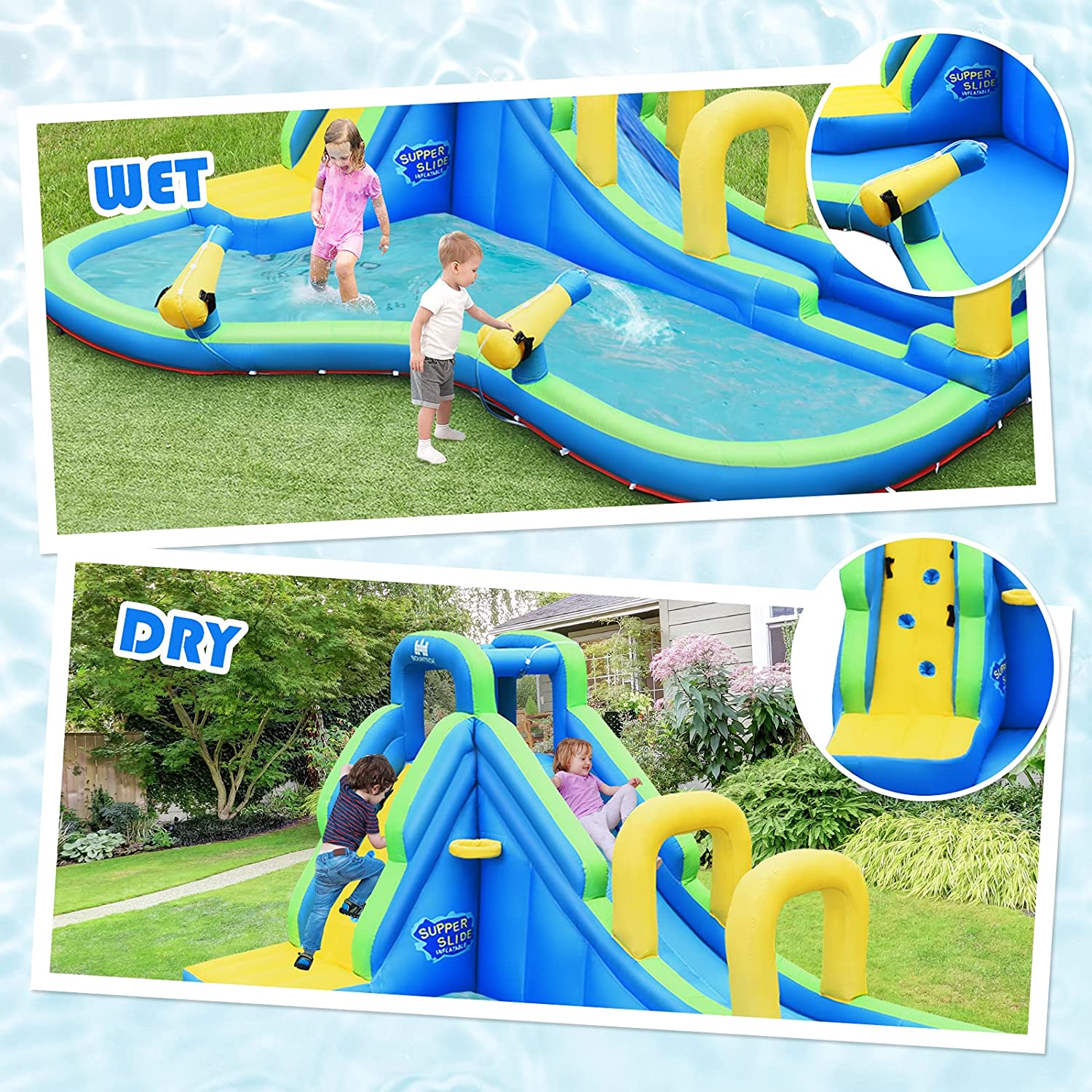 OLAKIDS Inflatable Water Slide, Bouncing House with Slide, Climbing Wall, Splash Pool, Basketball Rim, 2 Water Blasters, Jumping Castle, Accessories with Carrying Bag, Repairing Kit, Hose