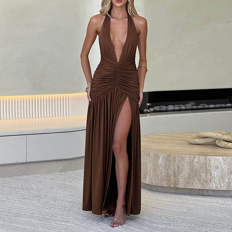Alkepwun Backless Dresses for Women Sexy Halter Deep V Neck Maxi Dress  Sleeveless High Split Ruched Party Cocktail Dress - Walmart.com