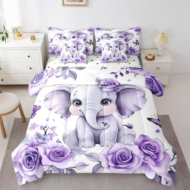 Erosebridal Literie Éléphant Dessin Animé Taille Simple, Lit Faune Animal de la Forêt en Sac Taille Simple, Décor Floral, Réversible 7 Pcs