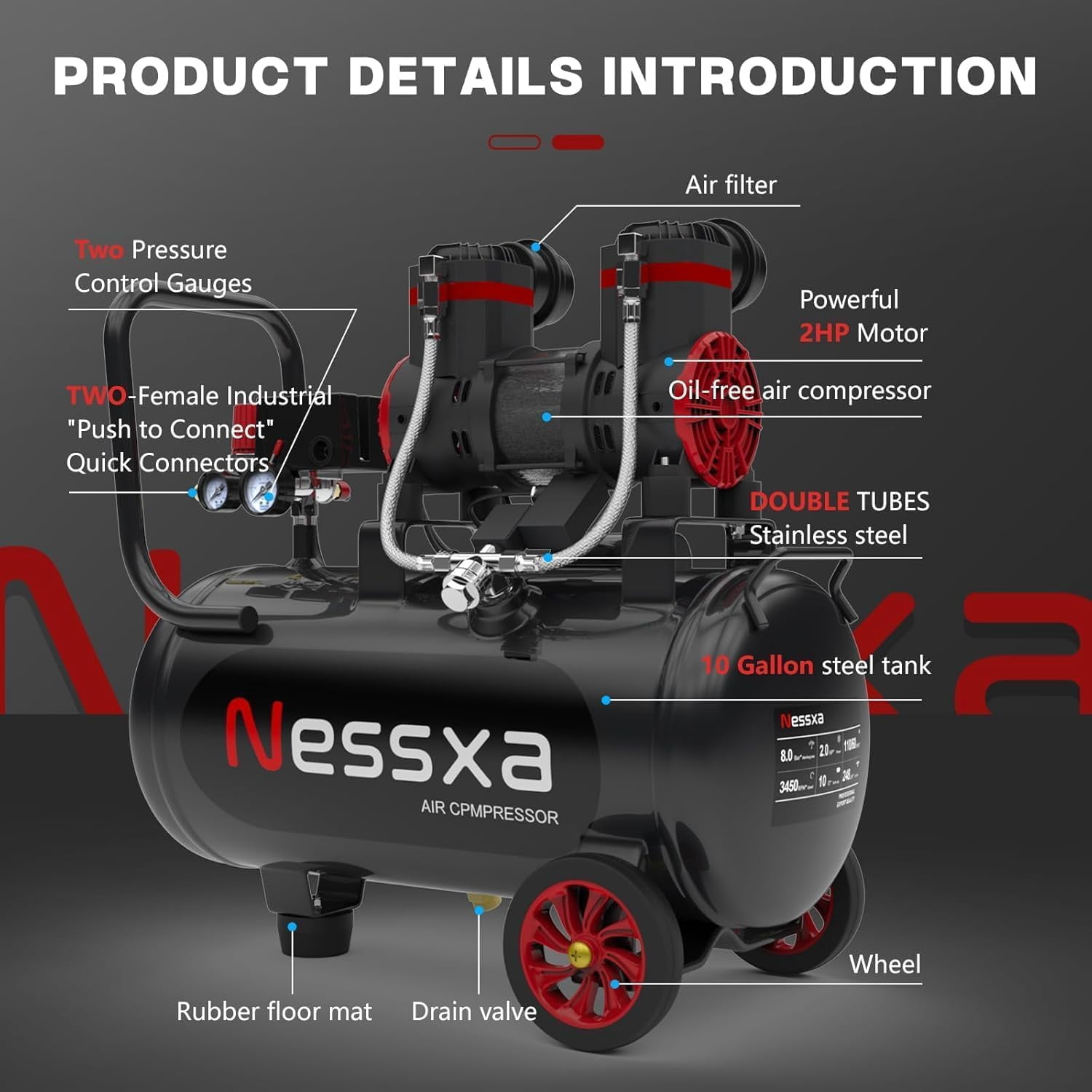 10 Gallon Ultra Quiet Oil-Free Air Compressor, 2HP 8.76 CFM@115PSI, 70dB, Dual Quick Couplers, Electric Portable Compressor for Garage, Woodwork Nailing & Auto Repair