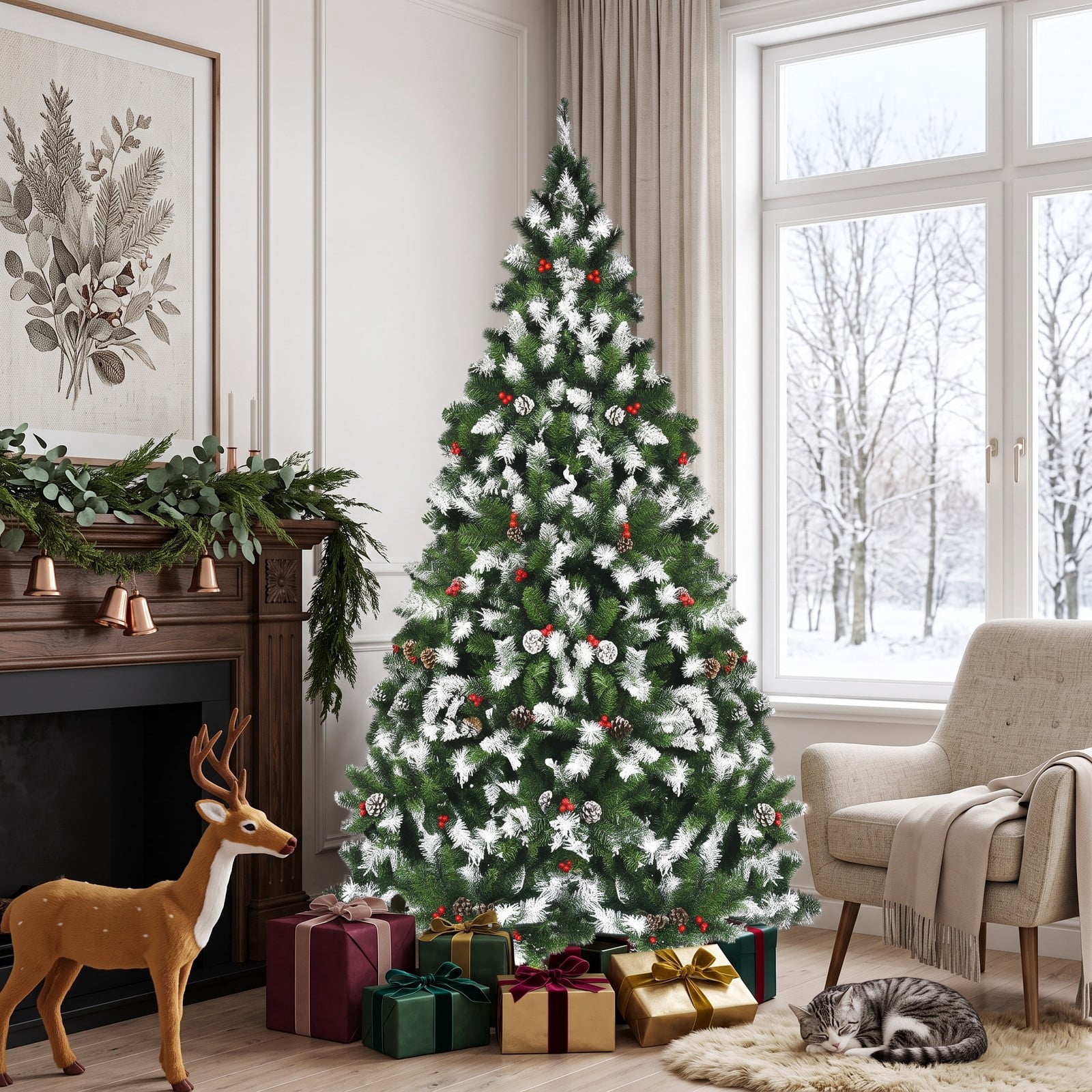 RUIE 6 ft Pre-Lit Snow Flocked Artificial Christmas Tree with Red Berries, Pinecones and 250 Warm White LED Lights, Hinged Full Xmas Tree with Metal Stand for, Green