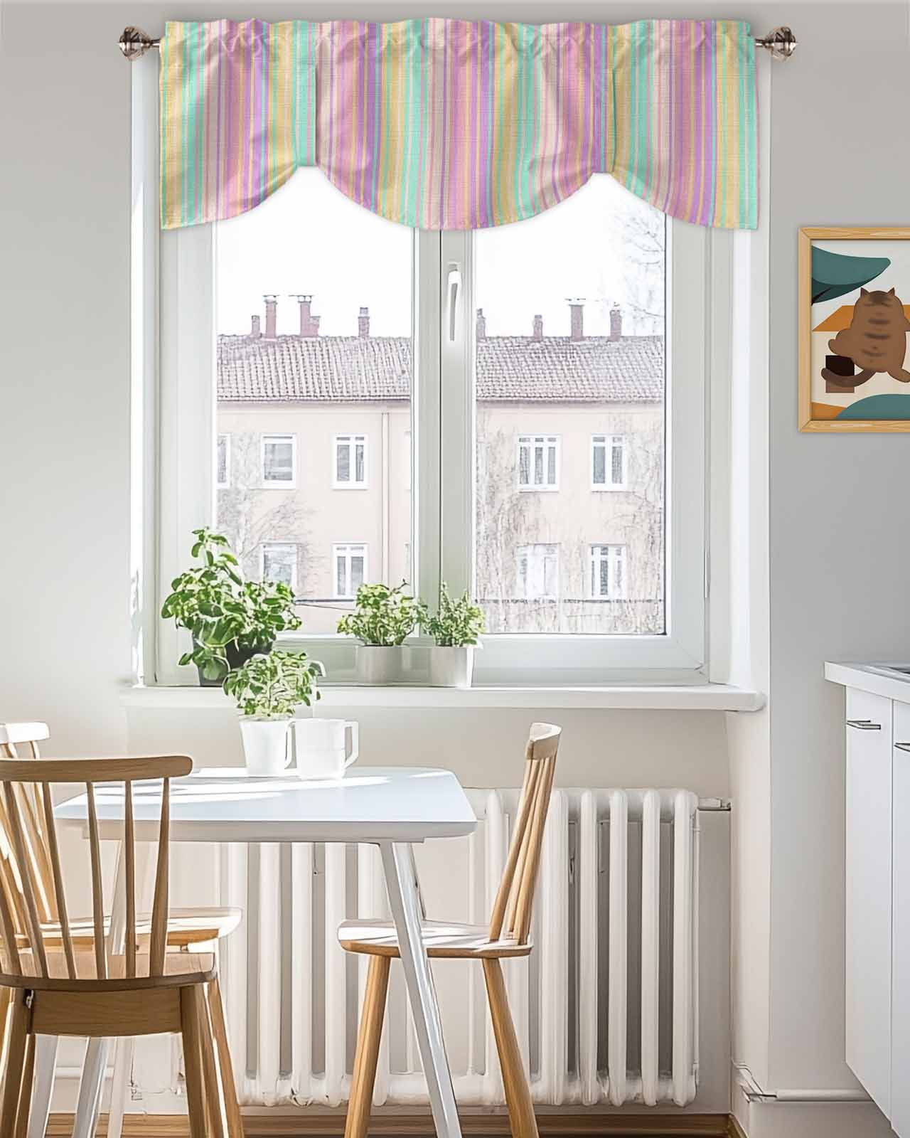 Colorful Striped Tie Up Valances Curtain, Yellow Stripe Vintage Linen Texture Kitchen Valances for Windows Decor, Rod Pocket Short Curtains Set for Bedroom/Bathroom, 60"x18"