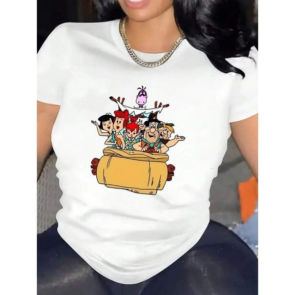 Women's 100% Cotton Cartoon Theme   Stretch Round Neck T-Shirt, Women's Christmas 220g Heavy Cotton T-Shirt (1 PC)