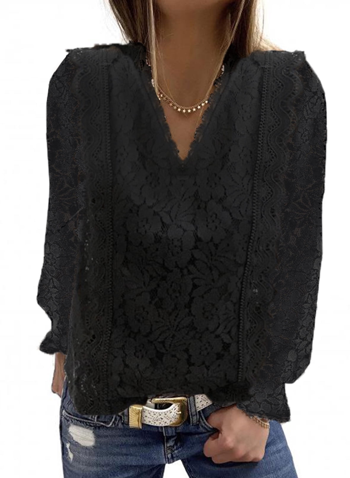 Asyoly Women's Casual Long Sleeve Blouse Lace Crochet V Neck Button ...