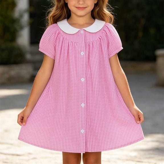 Noric Girls Summer Cotton Dresse Puff Sleeve Peter Pan Collar A Line Plaid Casual Sundress with Buttons for Girls Ages 2-8