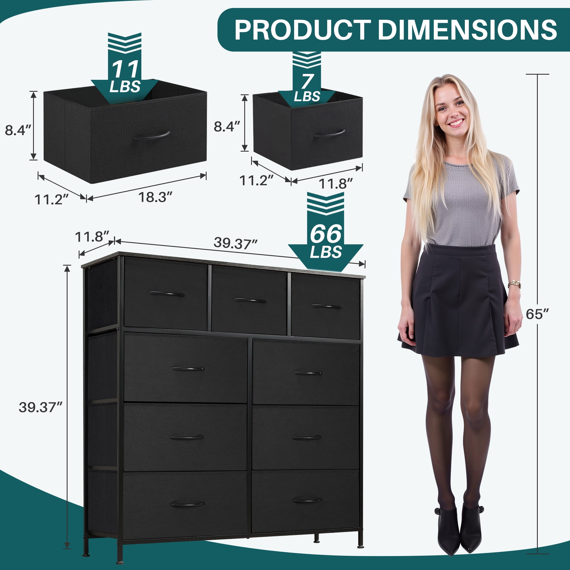 Nextay 9-Drawer Fabric Dresser for Bedroom, Storage Dresser Closet with Steel Frame & Wooden Top for Living Room, Dressing Room, Entryway, Black