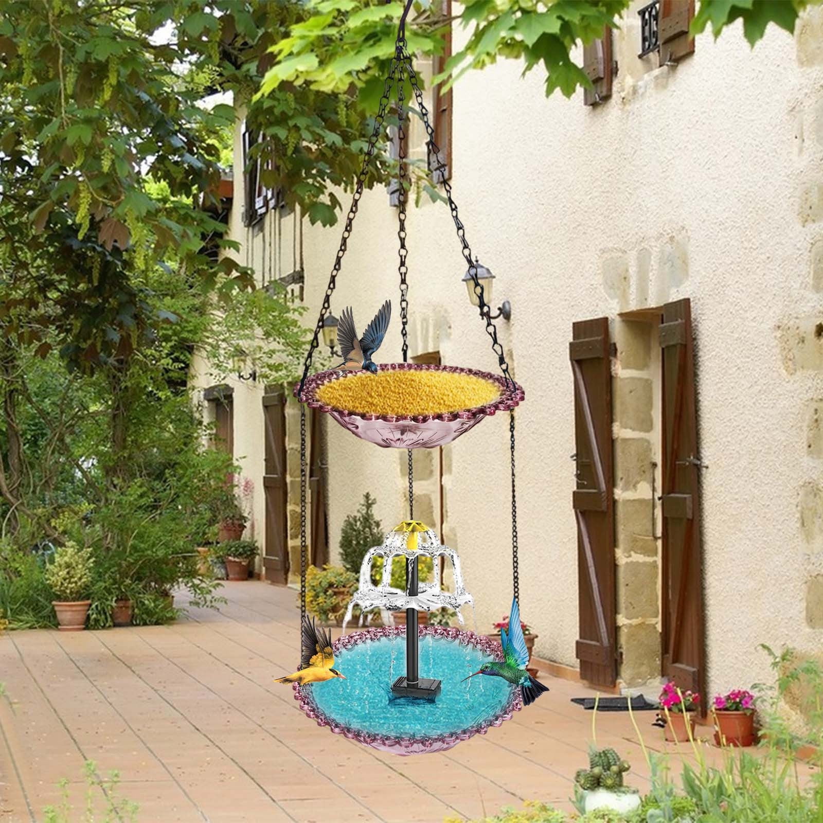 Solar Cascade Hanging Bird Bath Fountain, Double Layer Outdoor Hummingbird Bath with Feeder, Solar Powered Birdbath Water Kit, Decor for Patio Yard Garden