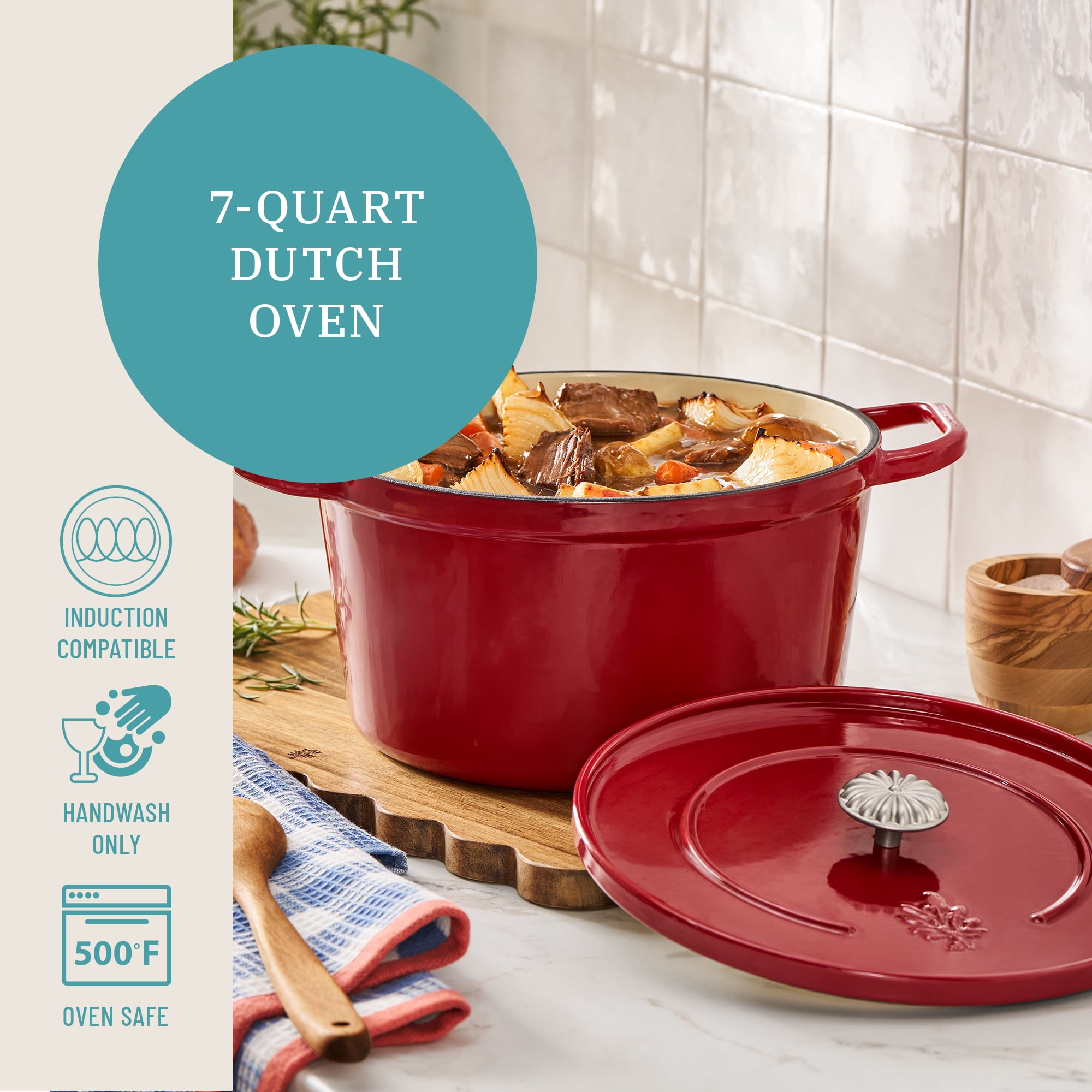 The Pioneer Woman 7-Quart Enameled Cast Iron Dutch Oven with Lid, Red