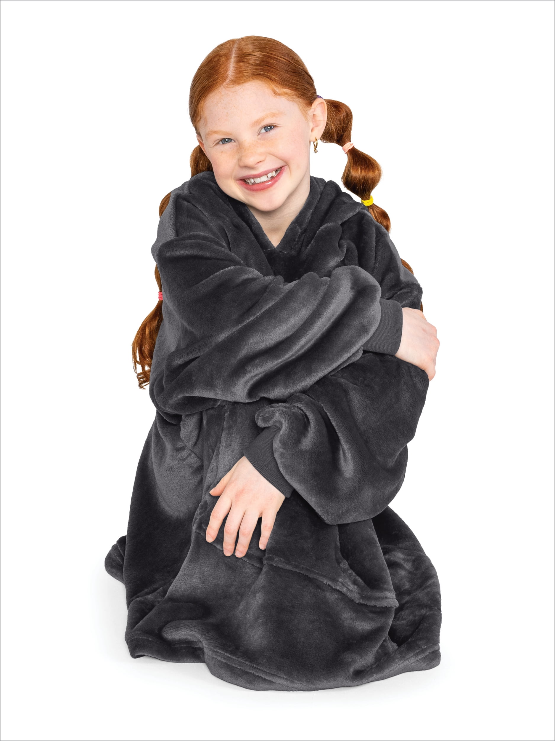 Bare Homey Kids Size Microplush Wearable Blanket, Round Trapezoid Pocket, Forged Iron Gray