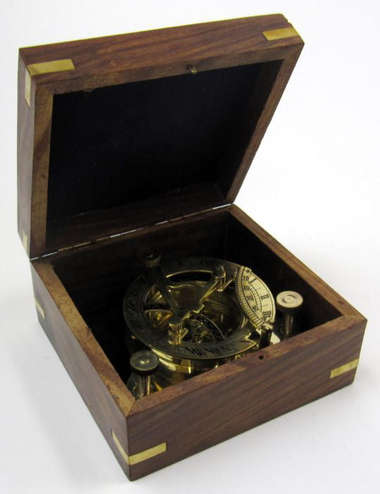 Stunning 3.25" w/ Teak Wood Display Box Nautical Antique Brass Sun Dial Compass 