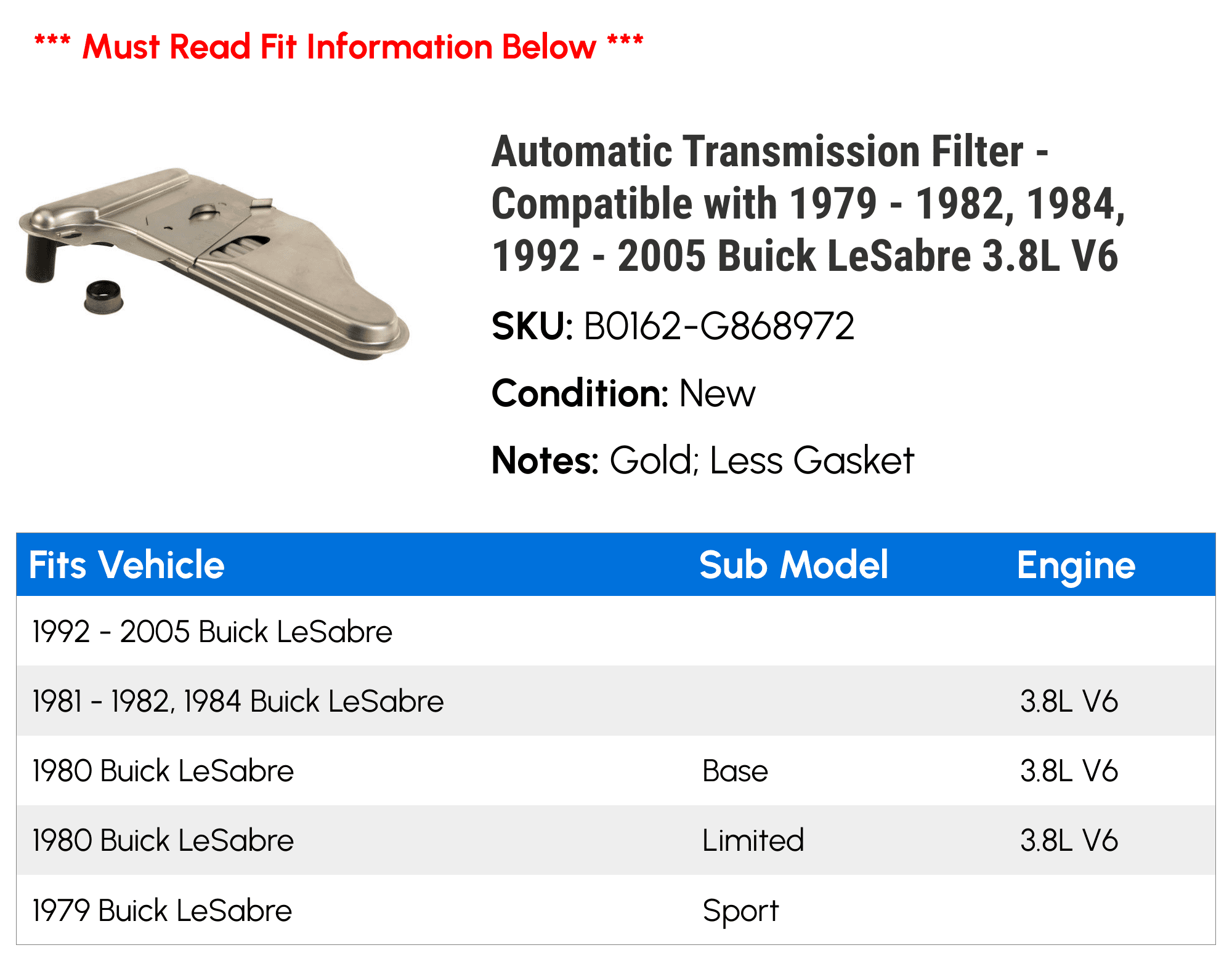 Automatic Transmission Filter - Compatible with 1979 - 1982, 1984, 1992 - 2005 Buick LeSabre 3.8L V6 1980 1981 1993 1994 1995 1996 1997 1998 1999 2000 2001 2002 2003 2004