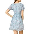thumbnail image 4 of INSPIRE CHIC Women's Floral V Neck Flare Short Sleeve Lace-up Zipper Chiffon Dress S Blue, 4 of 9